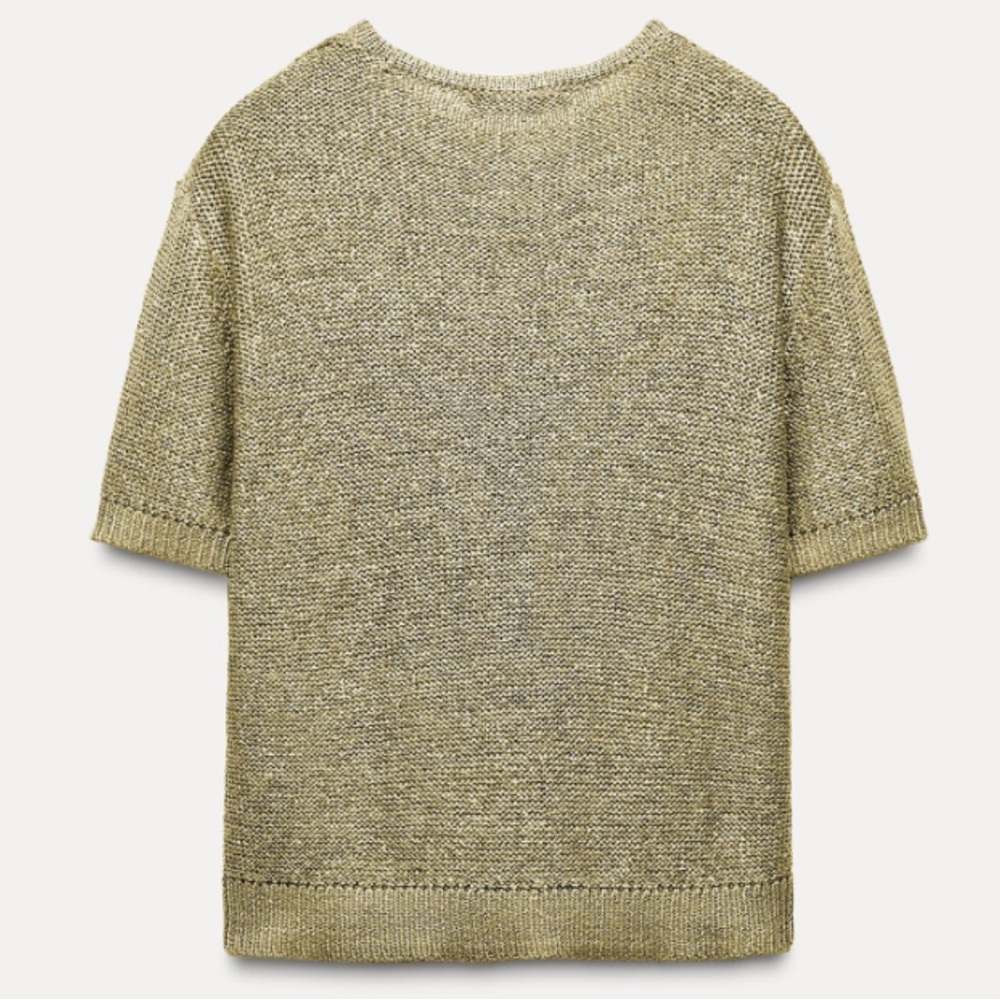 Zara Olive Green Sequin Metallic Short Sleeve Sweater Top Small NWT